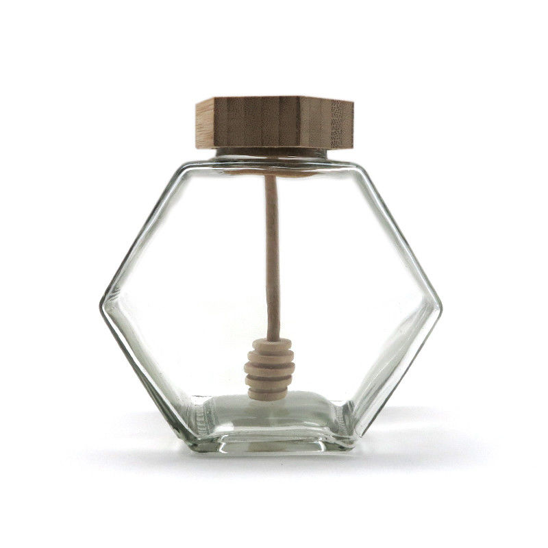 空の六角形のガラス蜂蜜の瓶の鍋の瓶12oz容量の木のタケDripper サプライヤー